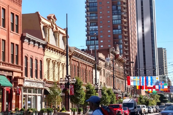 a close up of a busy city street
